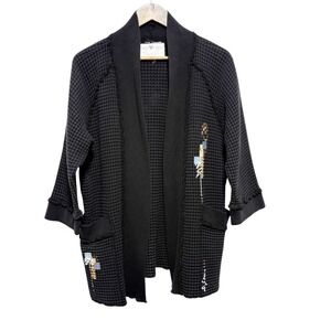 Phoenix Conexion Cardigan Womens L Black Waffle Knit Art to Wear Hand Painted